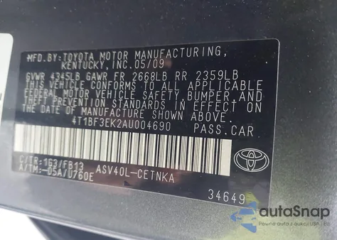 2010 Toyota Camry Se/Le/Xle z USA, uszkodzony, nr VIN 4T1BF3EK2AU004690